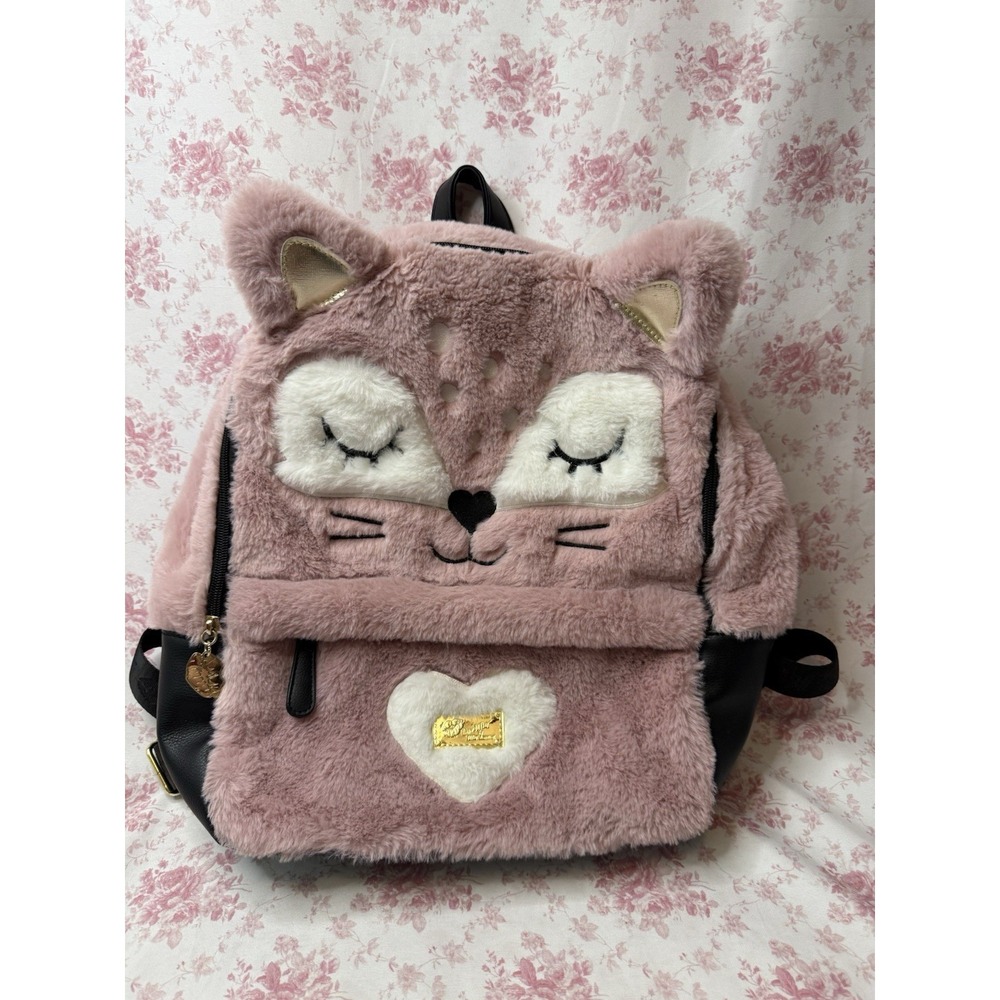 Betsey Johnson Pink Faux Fur Fox Backpack Gold Accents Heart 14x16